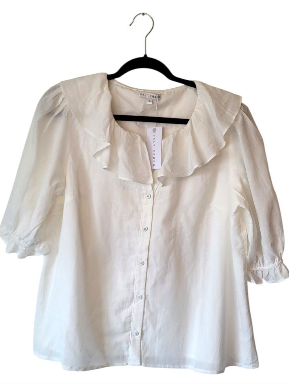 Baltic Born Daisy Off White Ruffle Collar Button-Front Women's Blouse Size L NWT